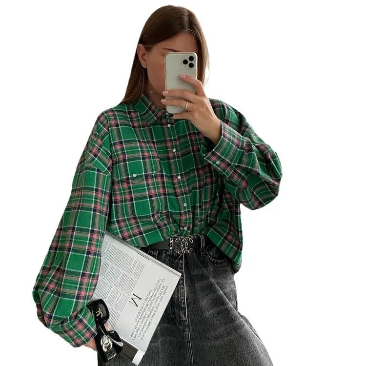 Loose Plaid Jacket Lapel Long-Sleeved Shirt