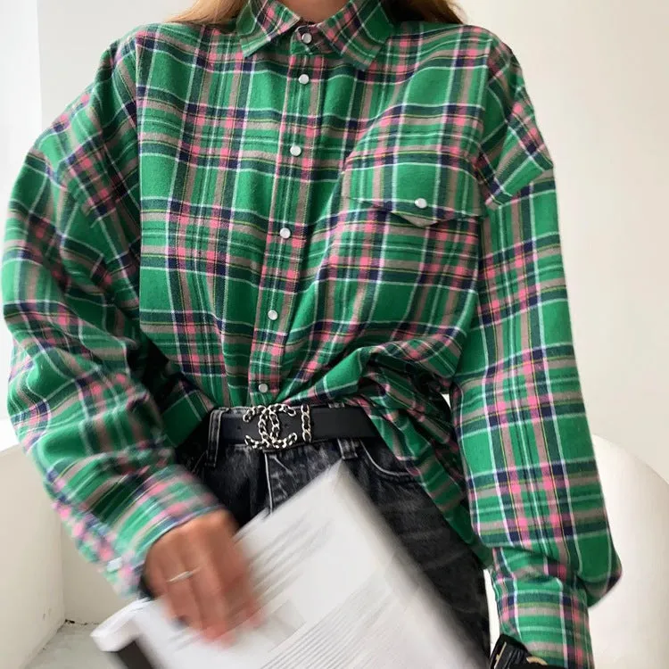 Loose Plaid Jacket Lapel Long-Sleeved Shirt