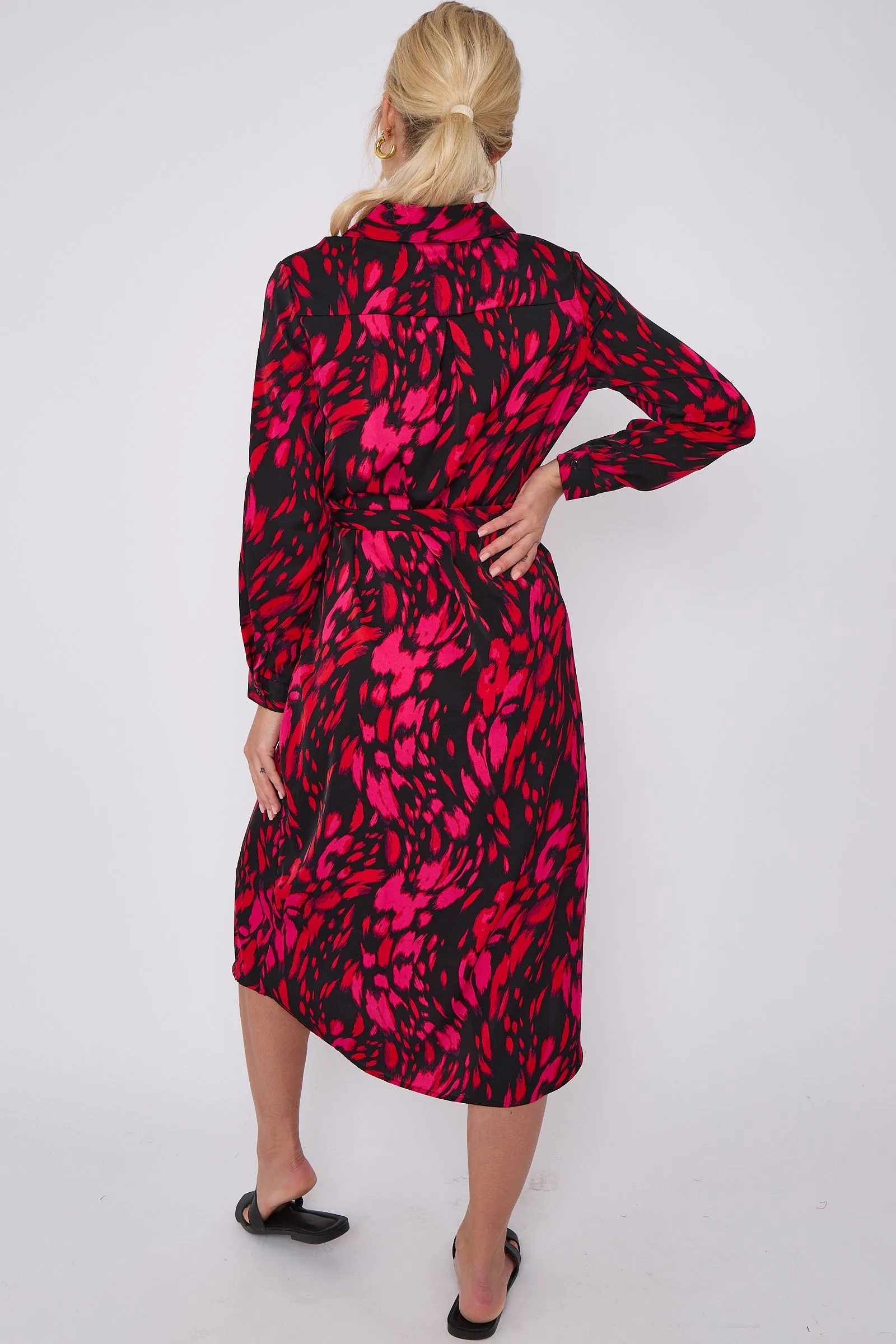 LOVE SUNSHINE Fuchsia Leopard Print Long Sleeve Midi Shirt Dress