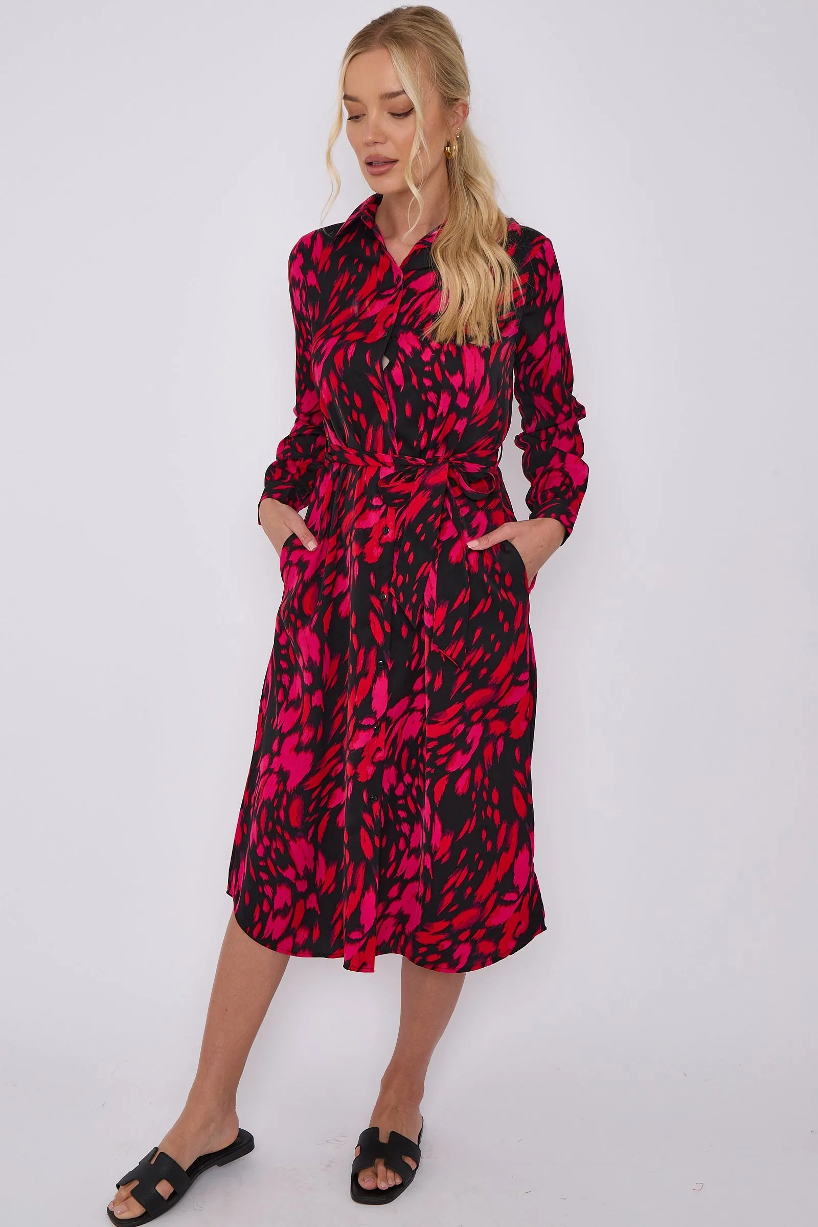 LOVE SUNSHINE Fuchsia Leopard Print Long Sleeve Midi Shirt Dress