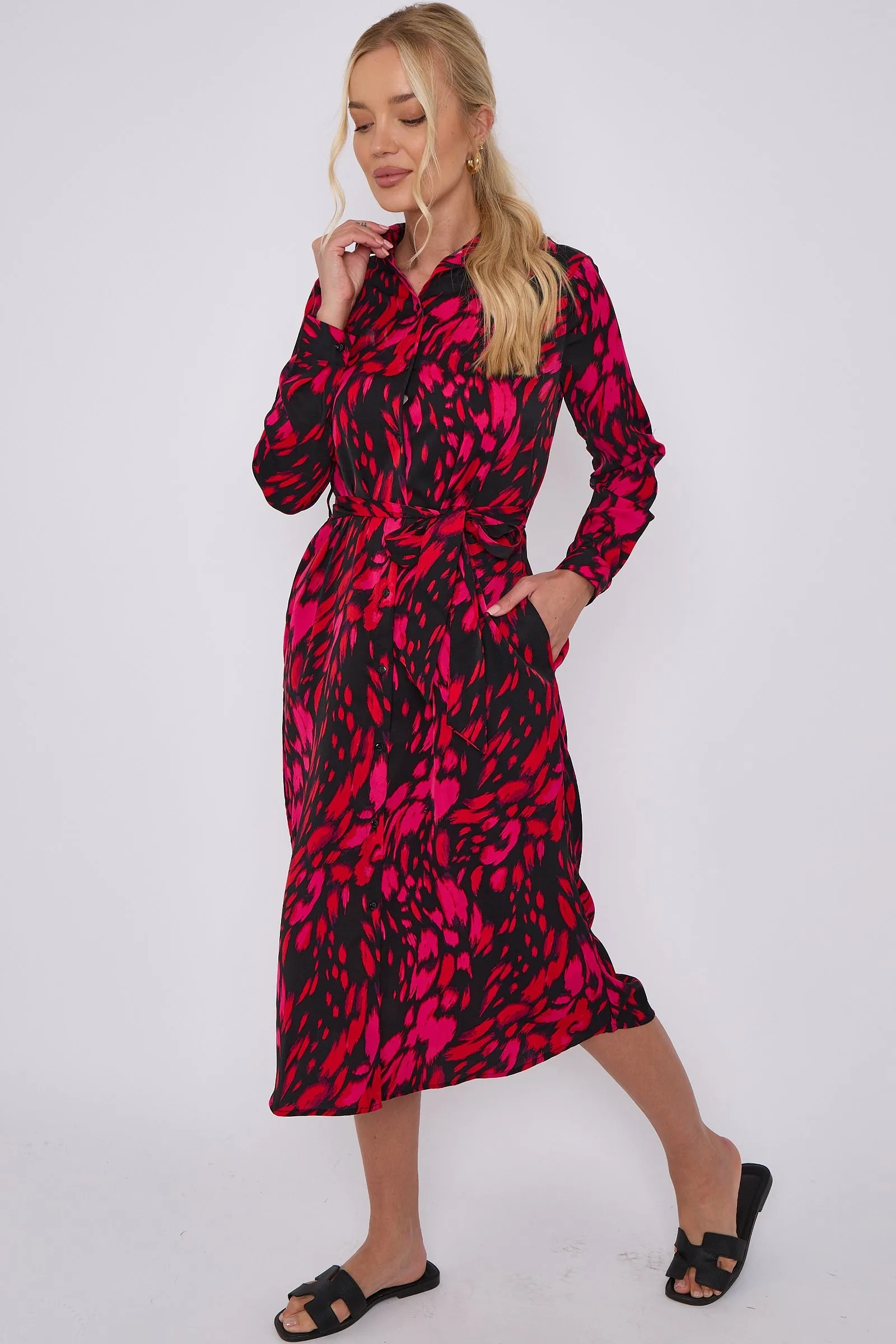 LOVE SUNSHINE Fuchsia Leopard Print Long Sleeve Midi Shirt Dress