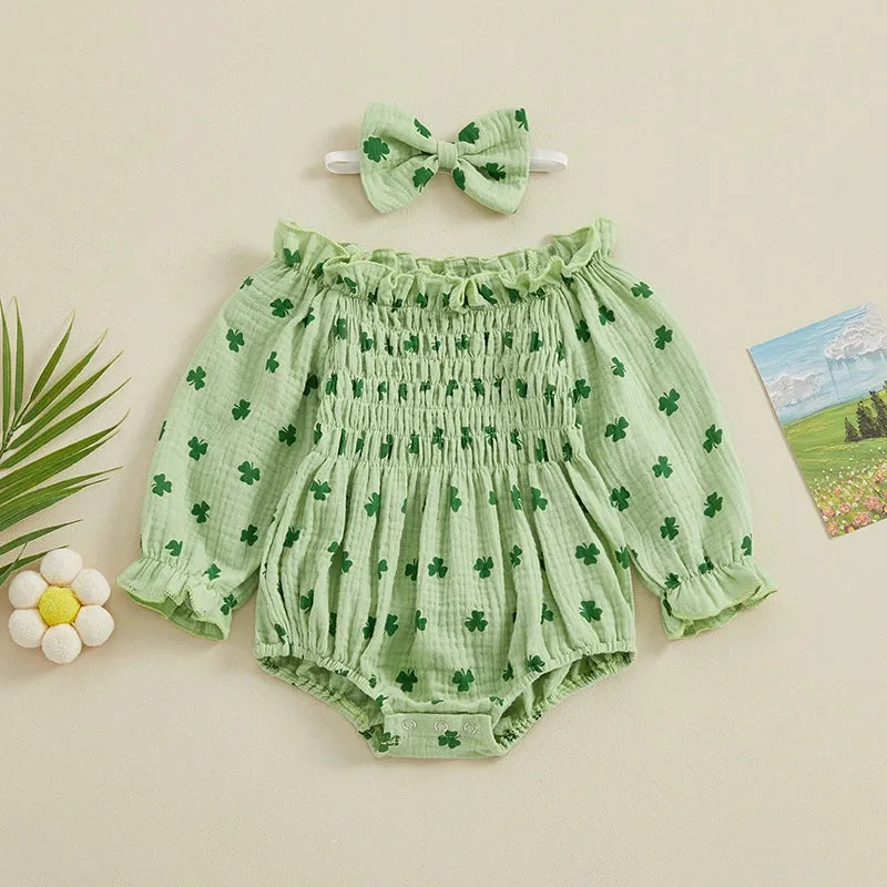 LUCKY CLOVER Smocked Romper with Headband