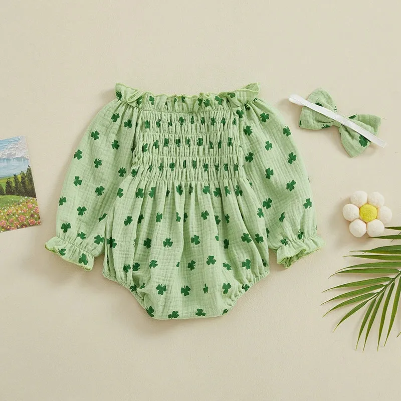 LUCKY CLOVER Smocked Romper with Headband