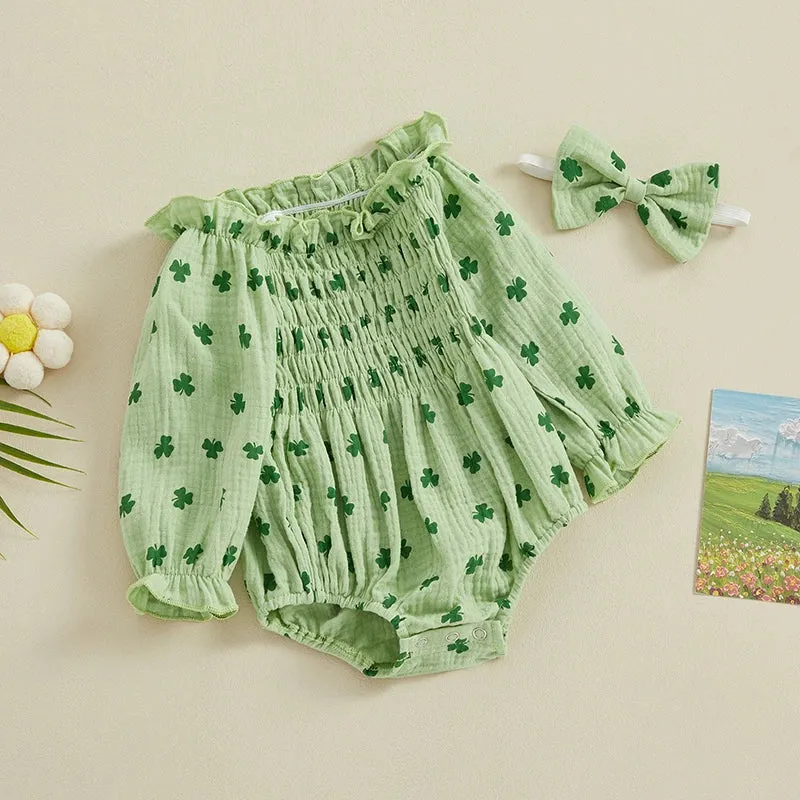 LUCKY CLOVER Smocked Romper with Headband