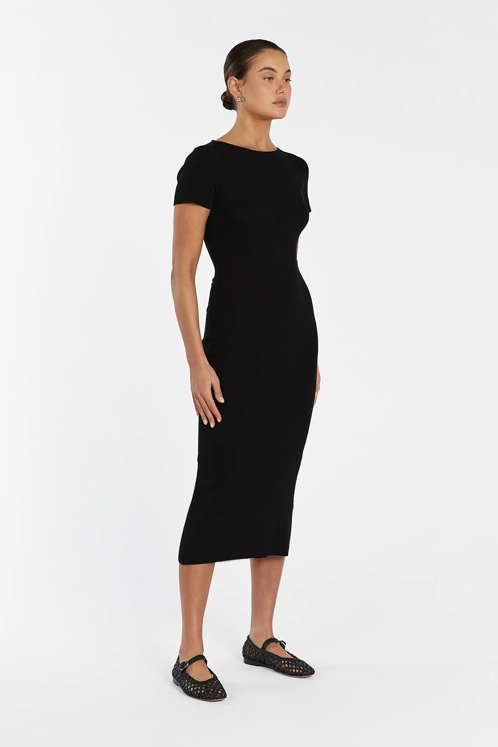 MAX BLACK BOAT NECK KNIT MIDI DRESS