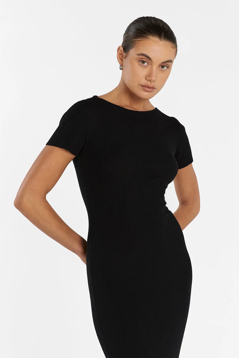 MAX BLACK BOAT NECK KNIT MIDI DRESS