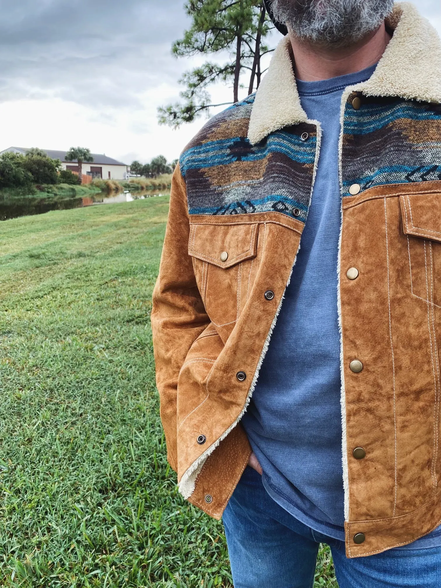 Men's Cafe Brown Suede Sherpa Lined Jean Style Jacket (DS)