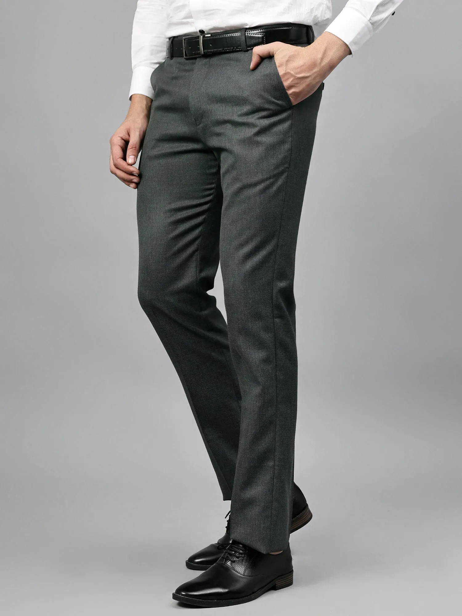 Men's Charcoal Grey Self Design Non-Pleated Formal Trouser