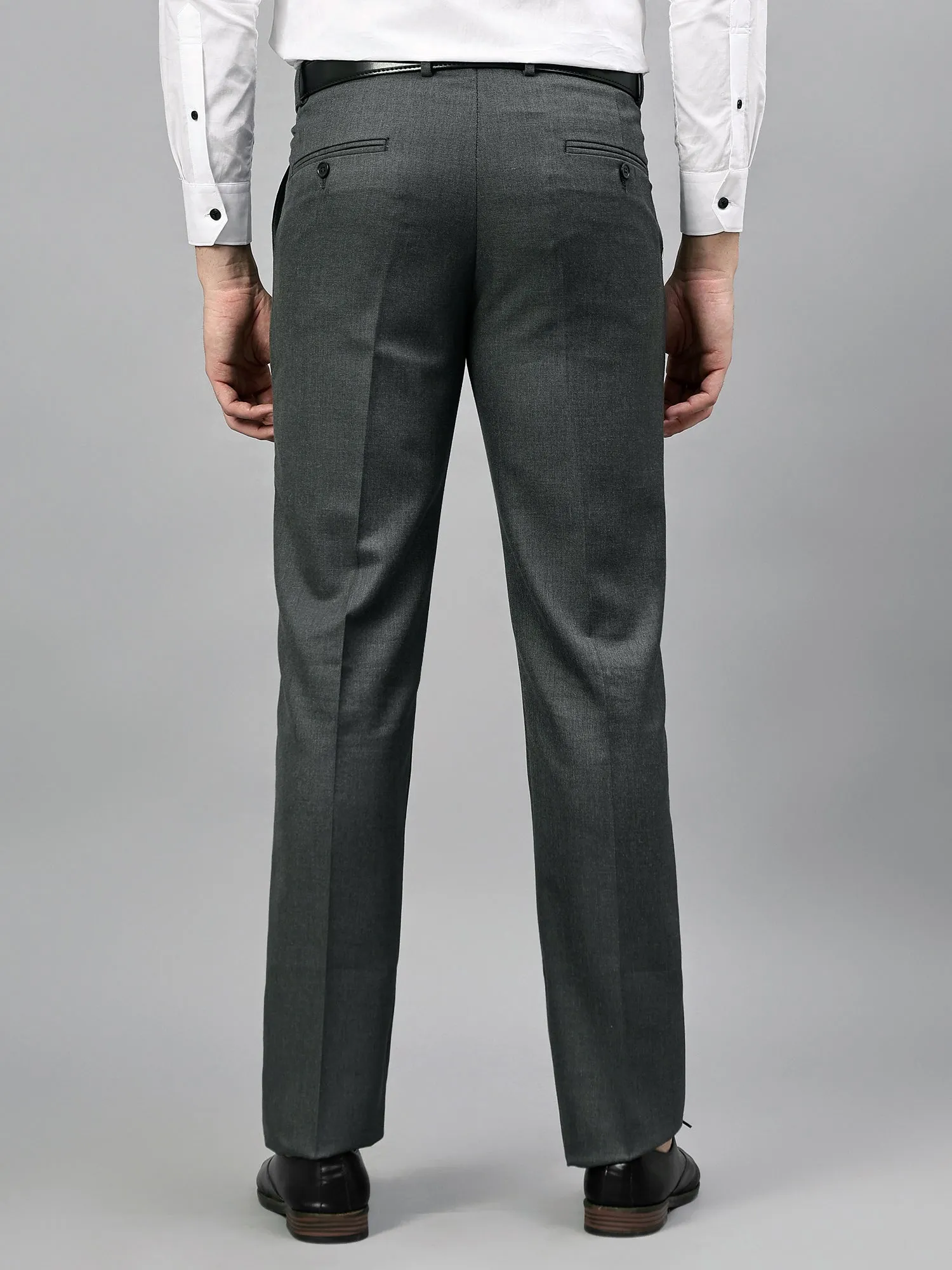 Men's Charcoal Grey Self Design Non-Pleated Formal Trouser