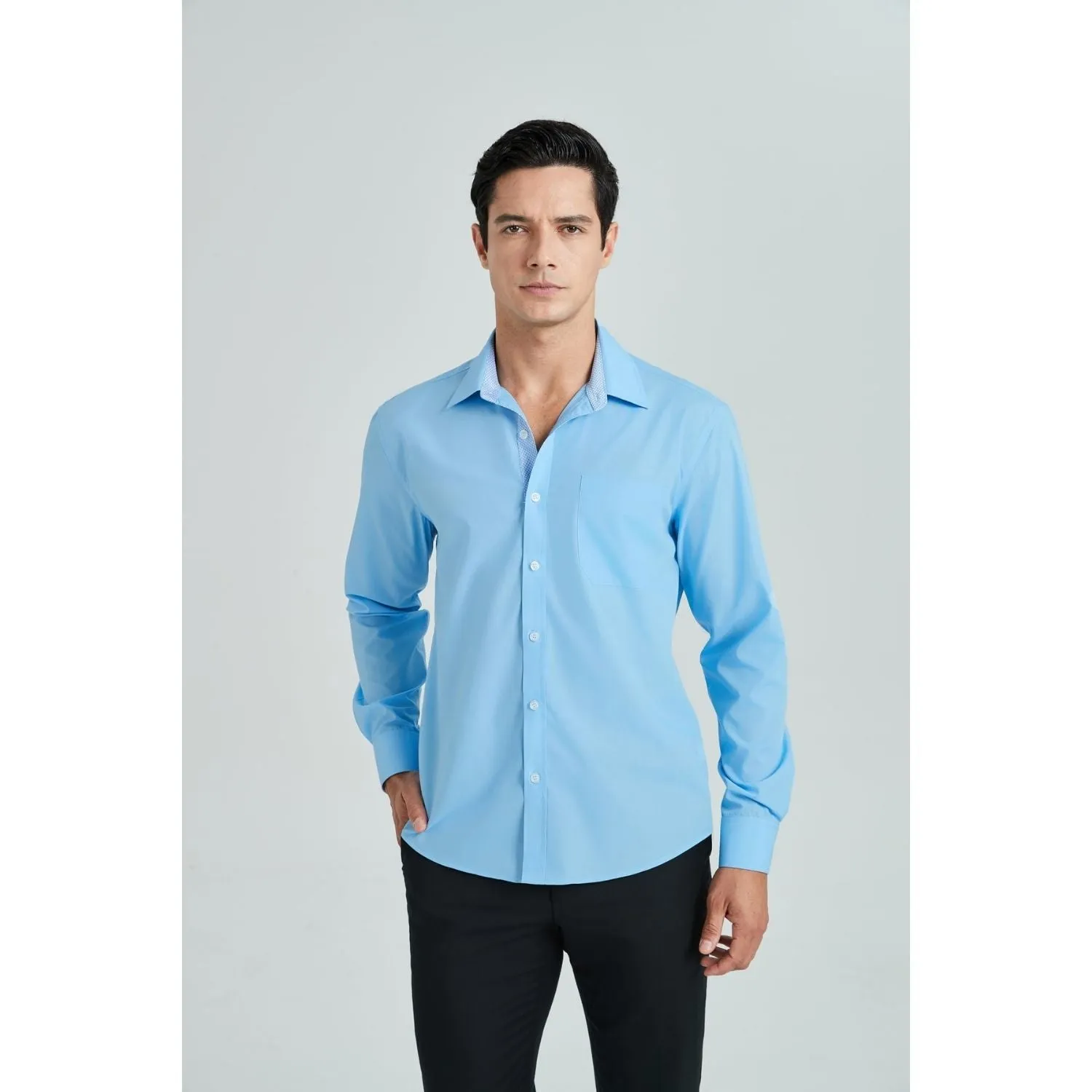 Men's Patchwork Dress Shirt with Pocket - BLUE