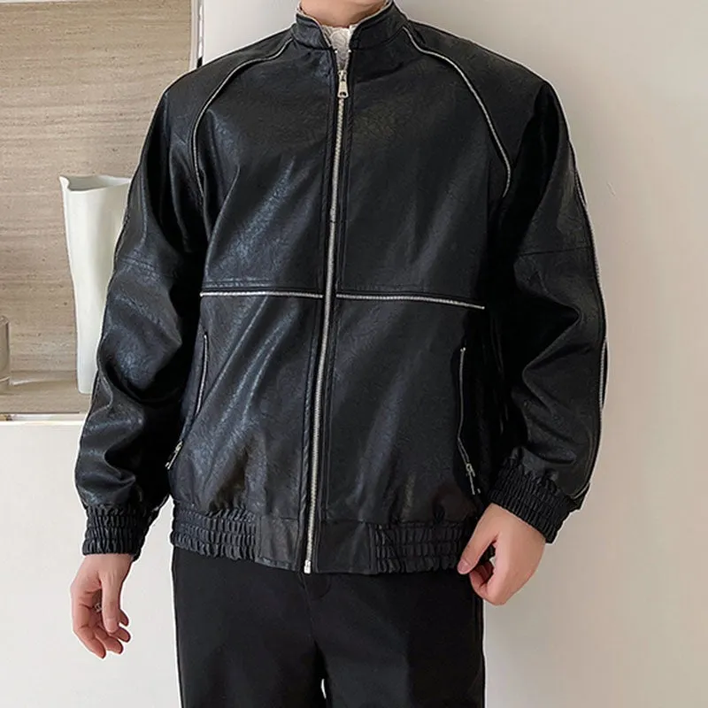 Men's PU Leather Stand Collar Loose Jacket