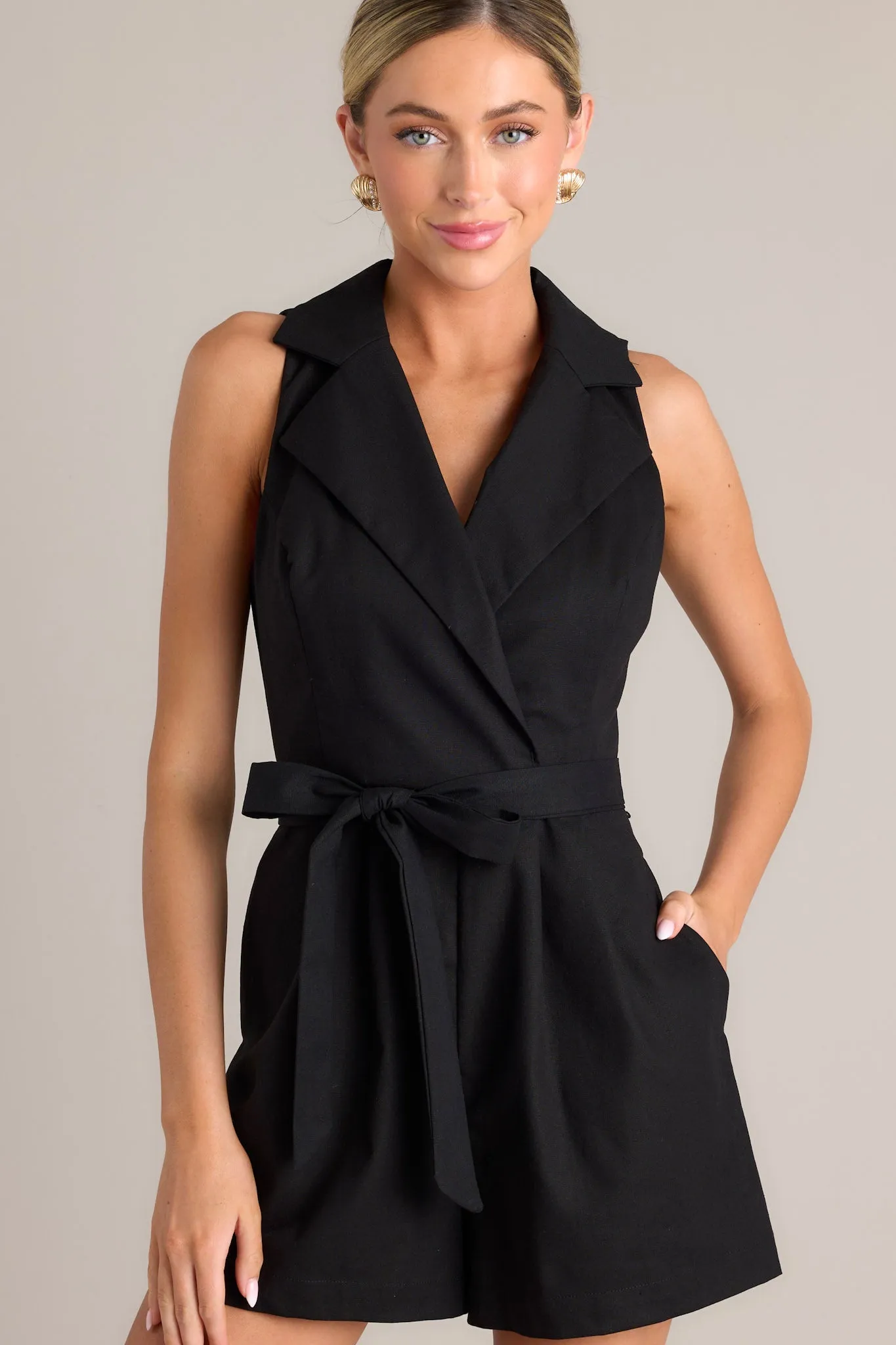 Moonlit Mirage Black Sleeveless Collared Romper