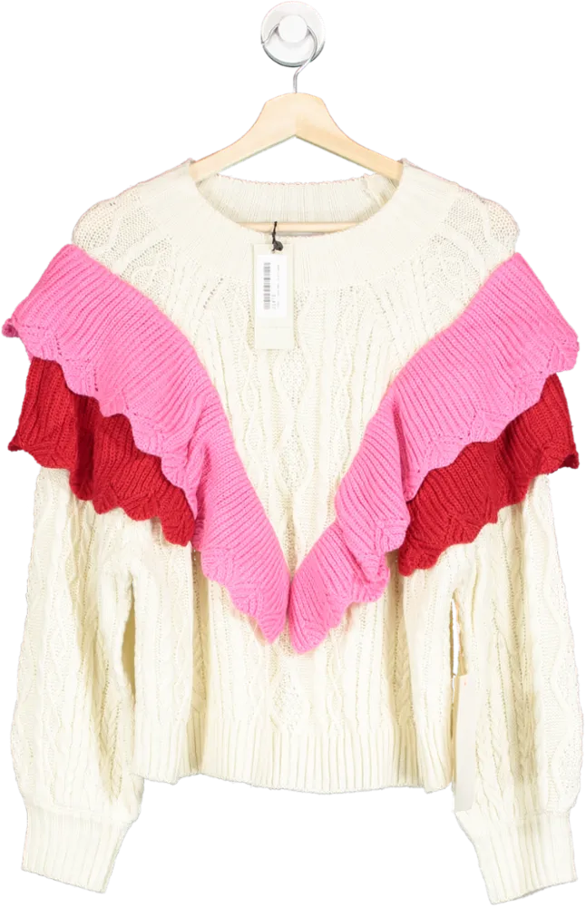 Never Fully Dressed Cream/ Pink Ruffle Cable Jumper  UK L