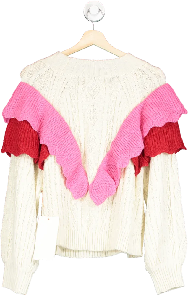 Never Fully Dressed Cream/ Pink Ruffle Cable Jumper  UK L