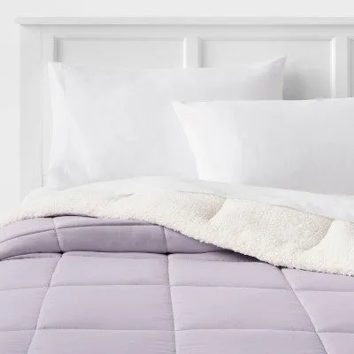 New - Room Essentials Knitted Reversible Comforter Sherpa Solid, Purple, Twin/TwinXL