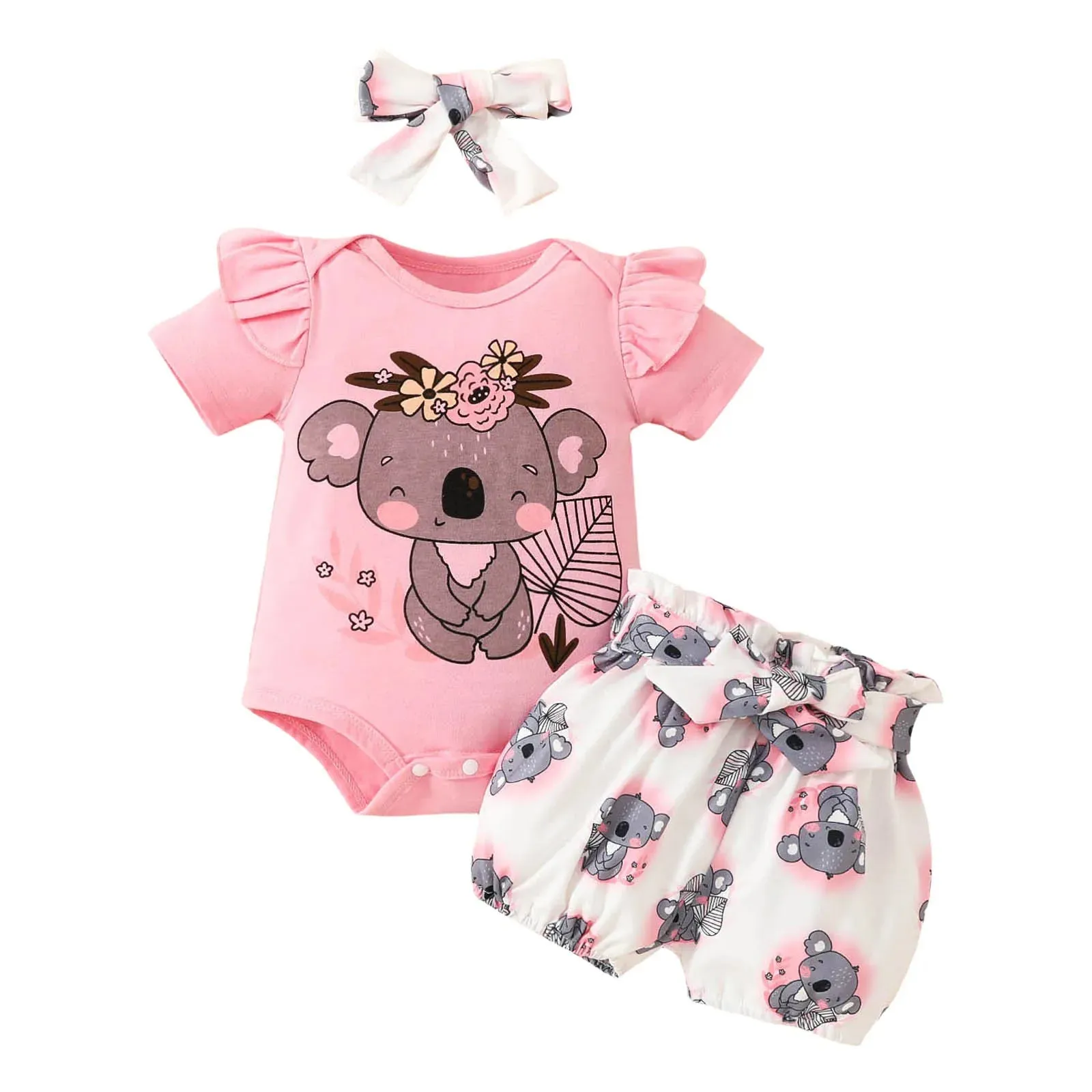 Newborn Baby Girls Clothes Set Cartoon Animal Prints Short Sleeve Romper Shorts  Headband Summer Lovely 3PCS Outfits 0-2Years