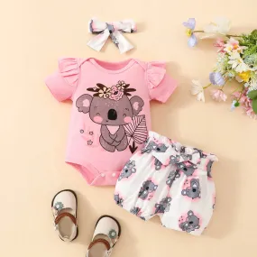 Newborn Baby Girls Clothes Set Cartoon Animal Prints Short Sleeve Romper Shorts  Headband Summer Lovely 3PCS Outfits 0-2Years