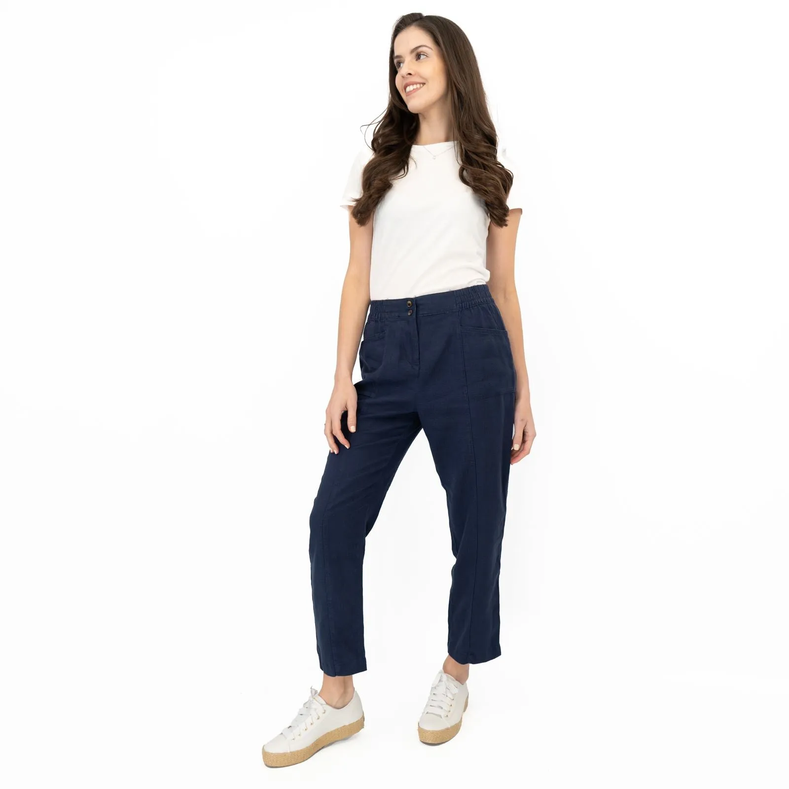 Next Linen Trousers Straight Leg Navy