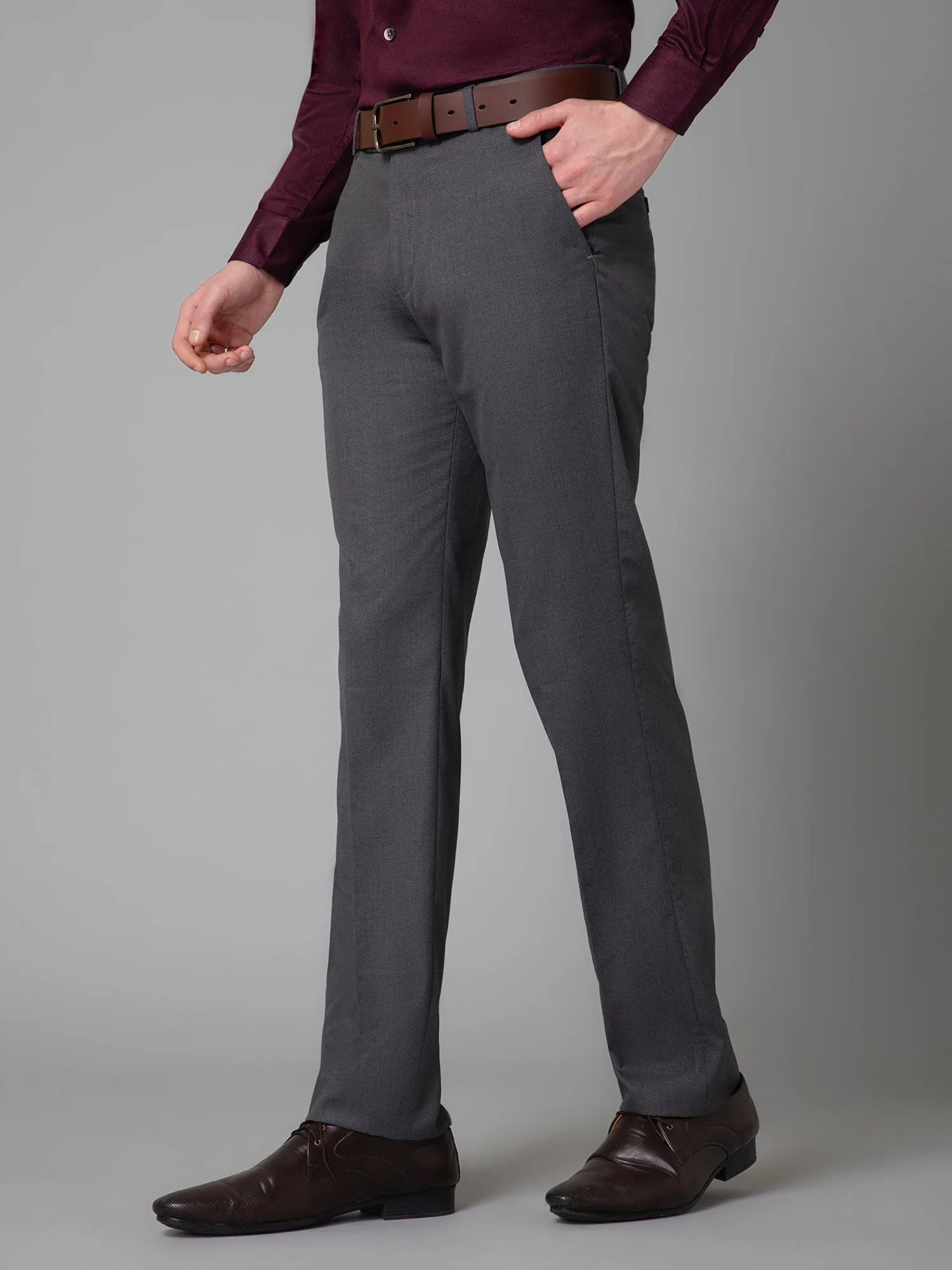 Non Pleated Regular Fit Mid Rise Dark Grey Formal Trousers for Men