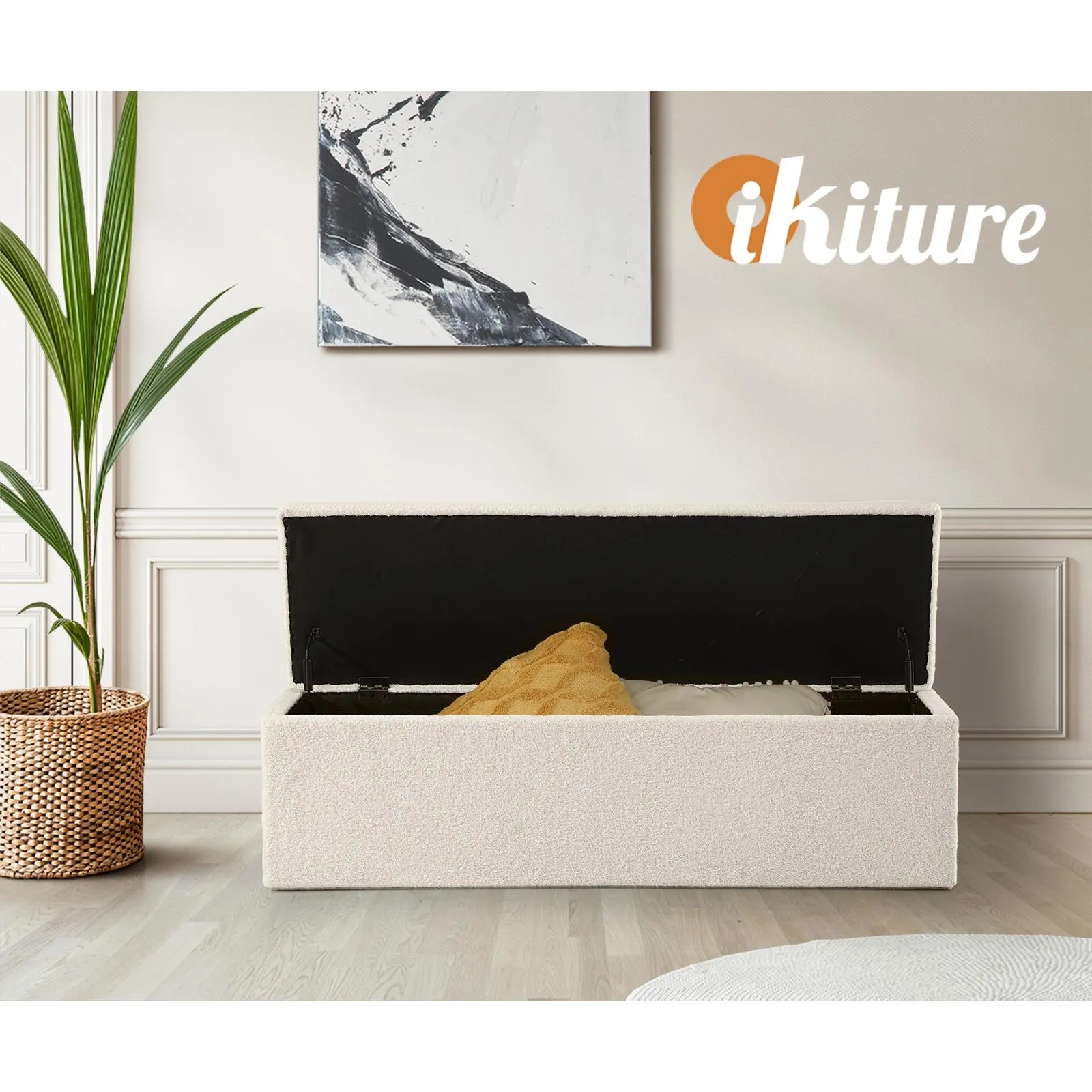 Oikiture Storage Ottoman Blanket Box Foot Stool XL Chest Toy Sherpa Linen White