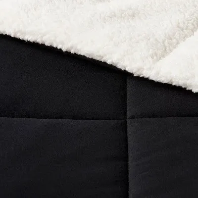 Open Box - Room Essentials Knitted Reversible Comforter Sherpa Solid, Black, Twin/TwinXL