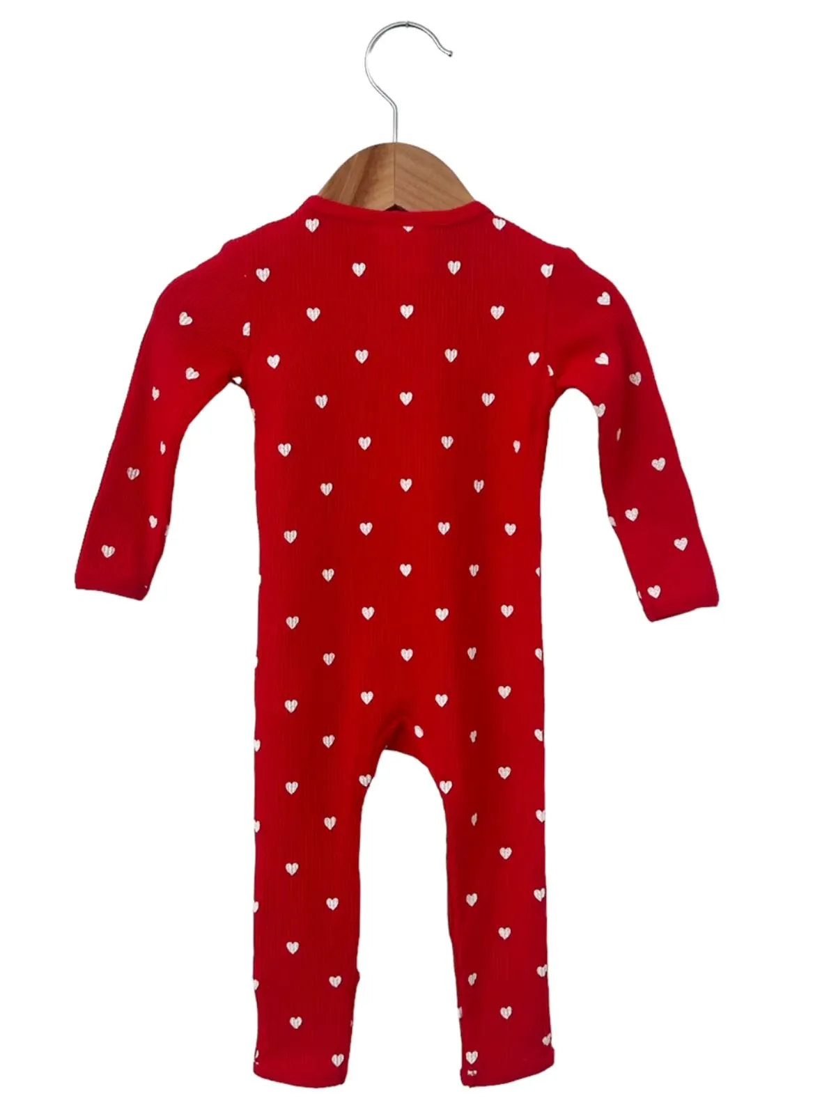 Organic Waffle Basic Zip Romper | Little White Heart (on Red)