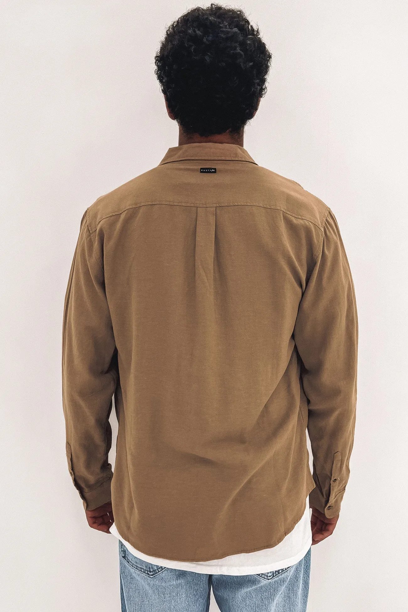 Overtone Long Sleeve Linen Shirt Beaver Brown