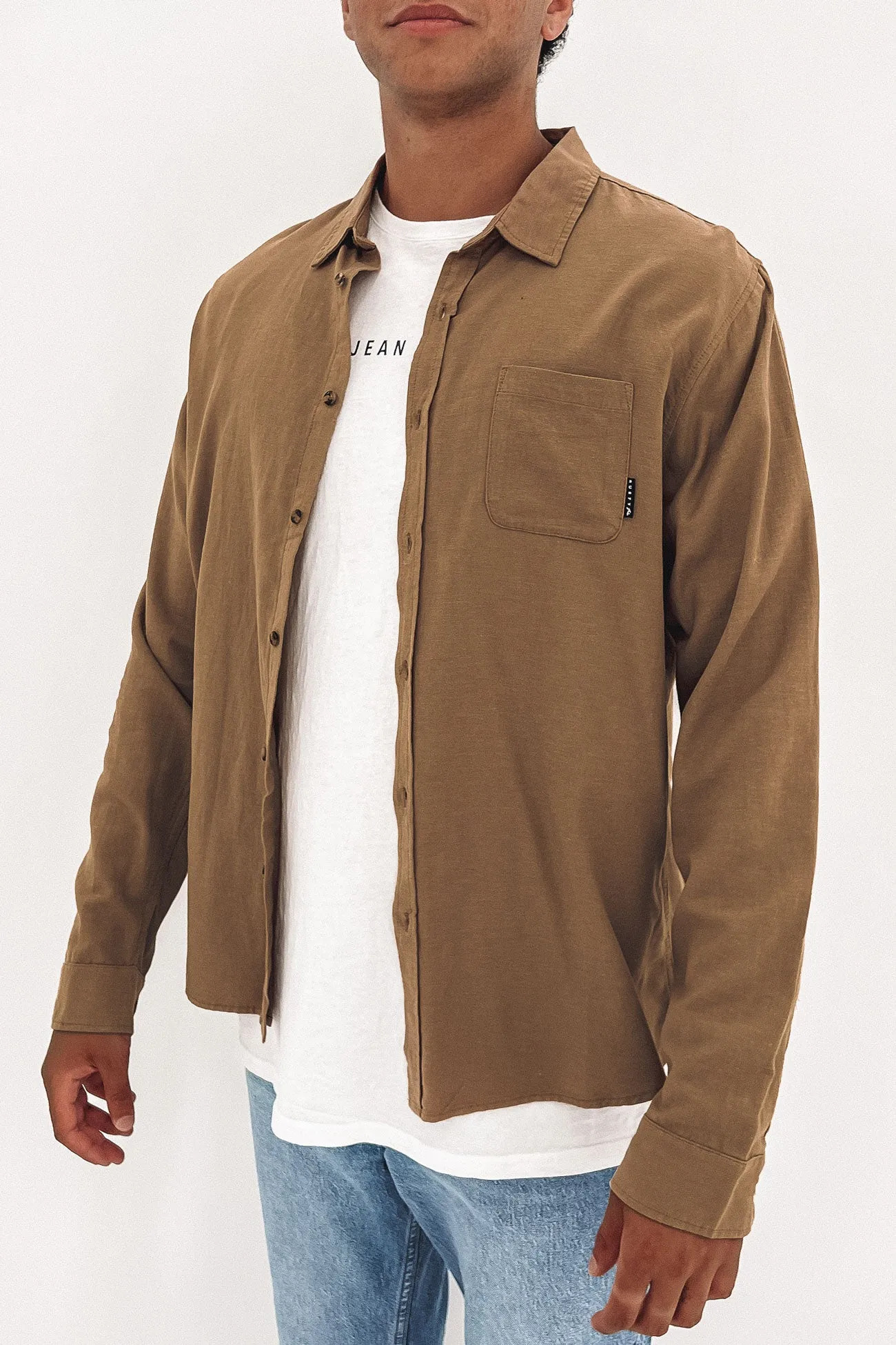 Overtone Long Sleeve Linen Shirt Beaver Brown