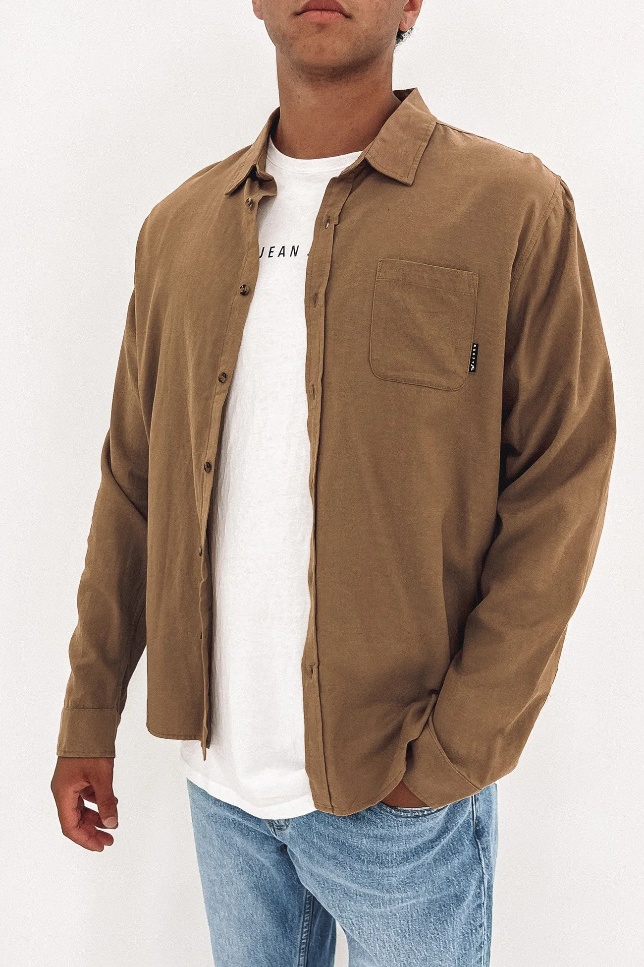 Overtone Long Sleeve Linen Shirt Beaver Brown