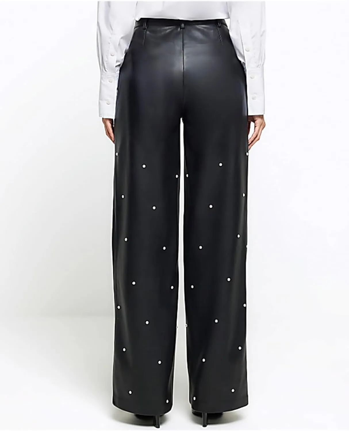 Pearl Embellished Black Faux Leather Pants