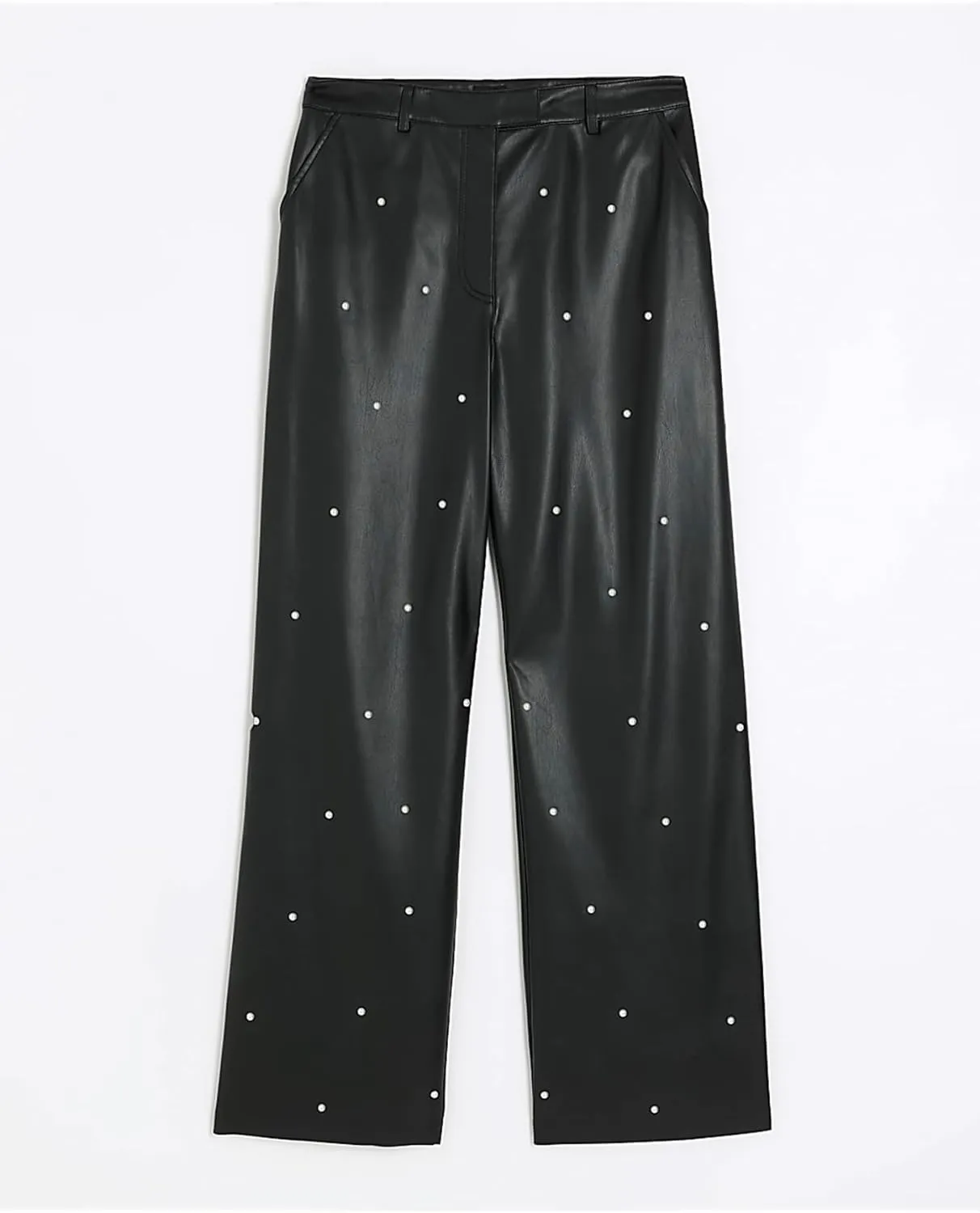 Pearl Embellished Black Faux Leather Pants