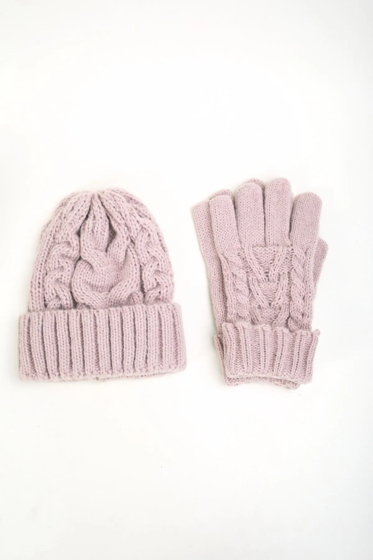 Pink Cable Knit Beanie & Glove Gift Set