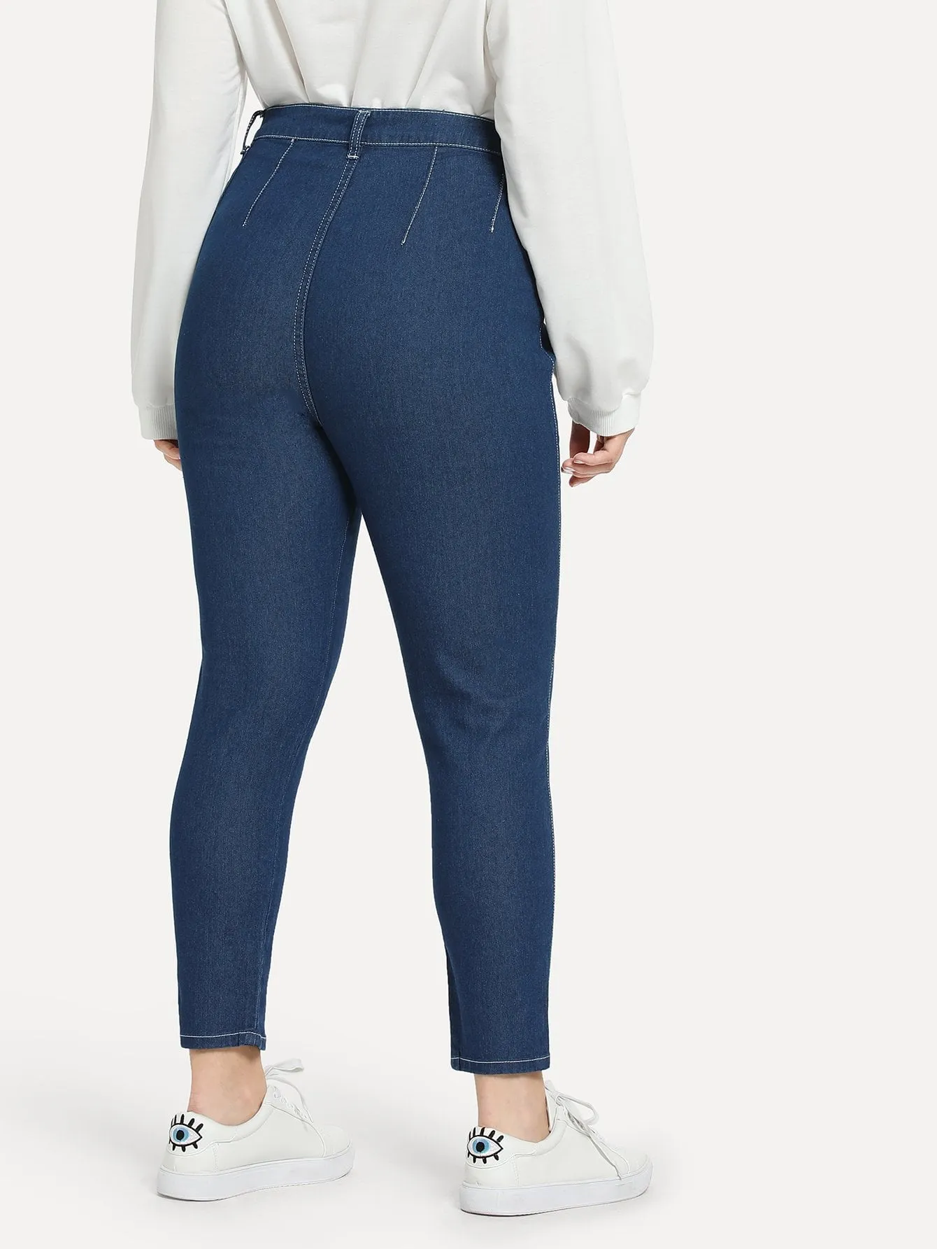 Plain Button Natural Cropped Plus Size Jeans