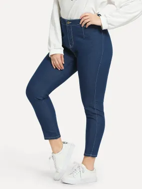 Plain Button Natural Cropped Plus Size Jeans