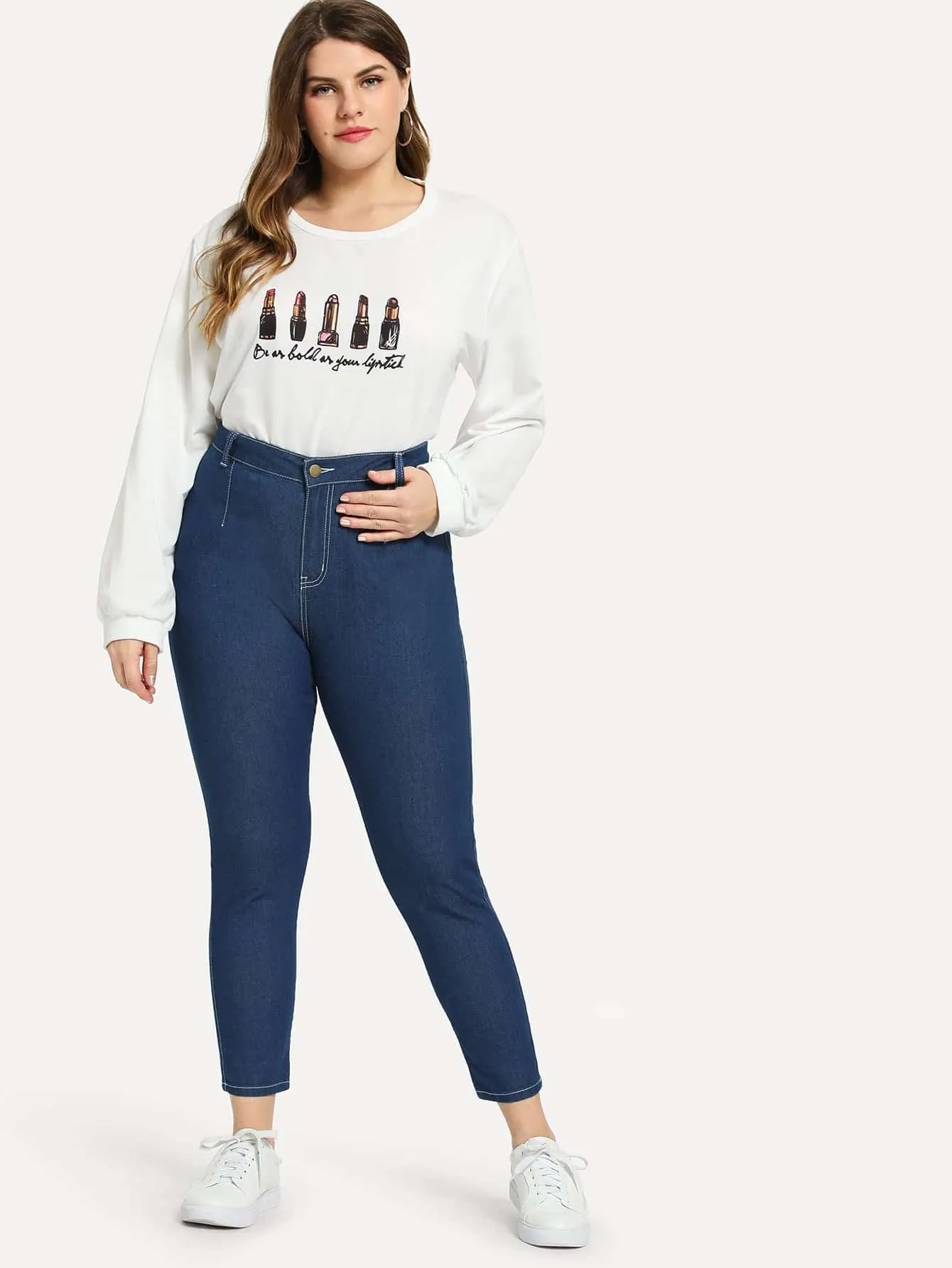 Plain Button Natural Cropped Plus Size Jeans