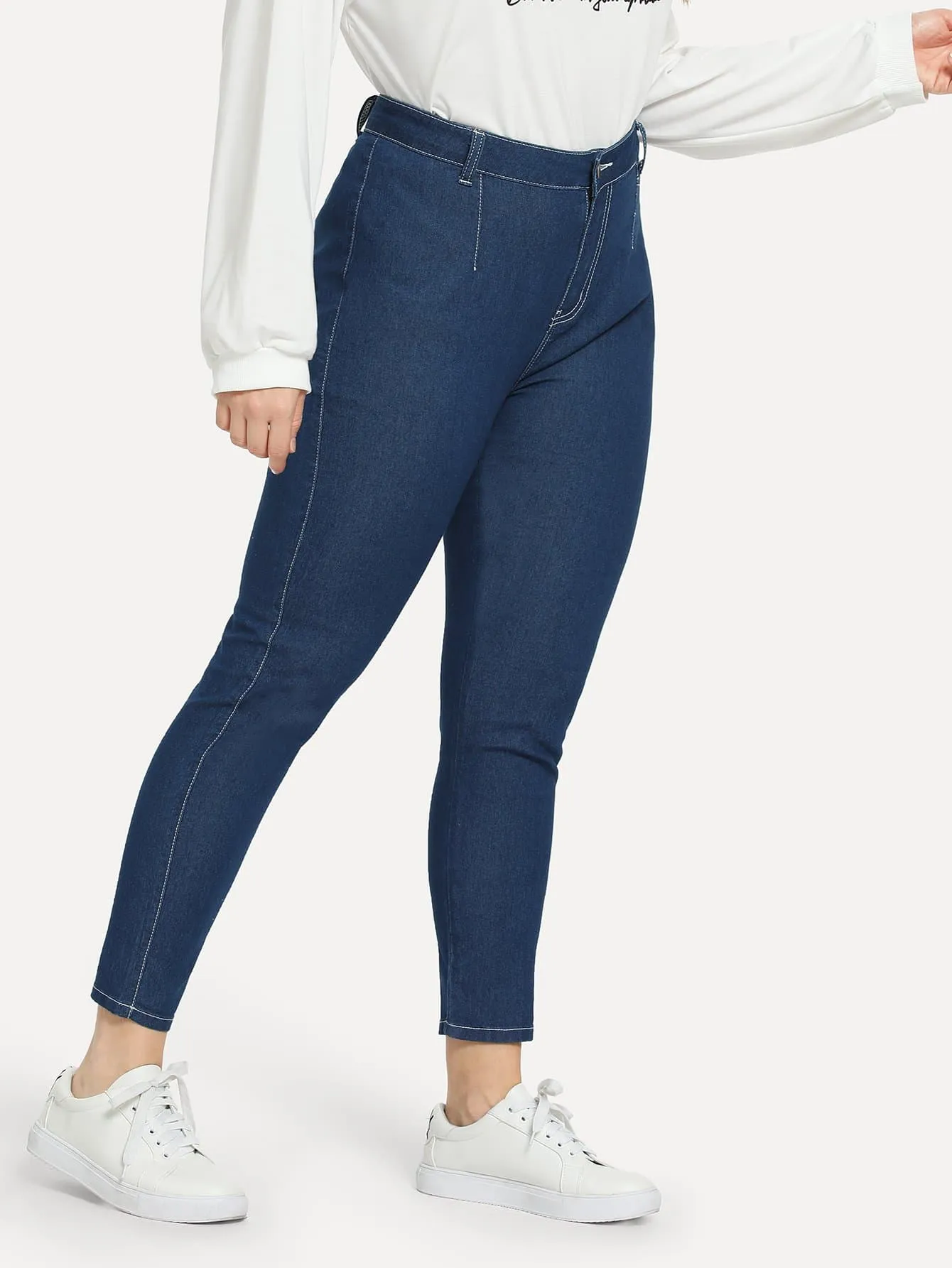 Plain Button Natural Cropped Plus Size Jeans