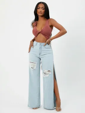 Plain Split Thigh High Waist Long Women Jeans