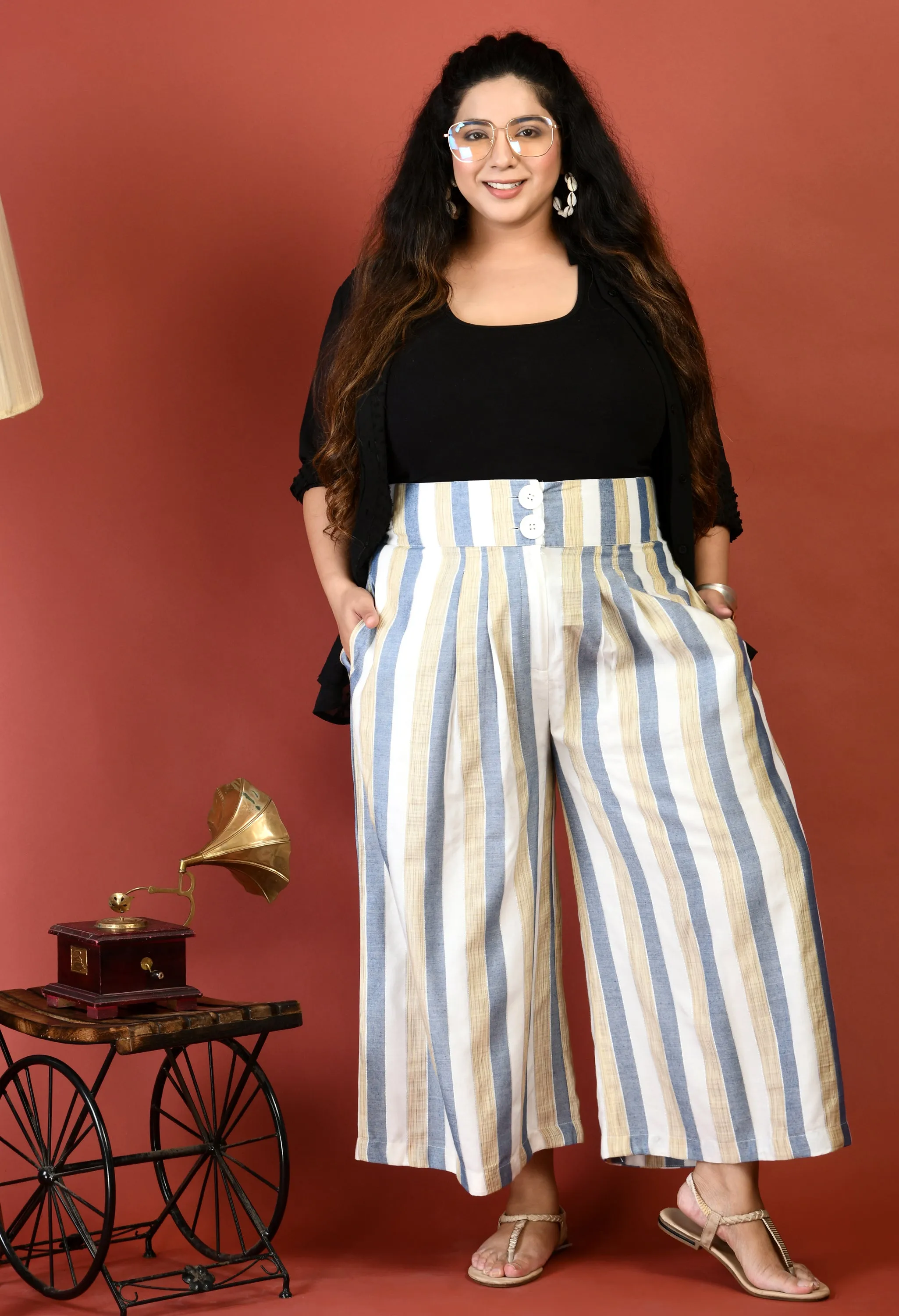 Plus Size Plus Size Striped White & Blue Culottes