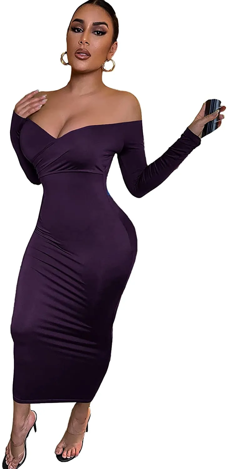 Plush Black Wrap Off Shoulder Long Sleeve Bodycon Maxi Dress