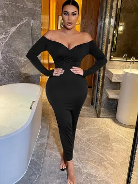 Plush Black Wrap Off Shoulder Long Sleeve Bodycon Maxi Dress