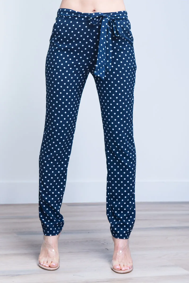 Polka Dot Slim Fit Pants with Sash Waist Tie (910606-CH803)