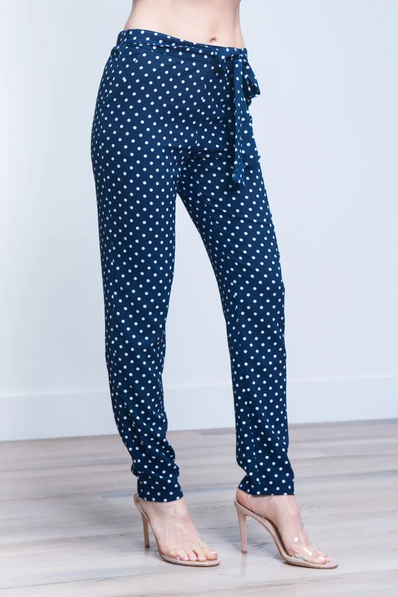 Polka Dot Slim Fit Pants with Sash Waist Tie (910606-CH803)