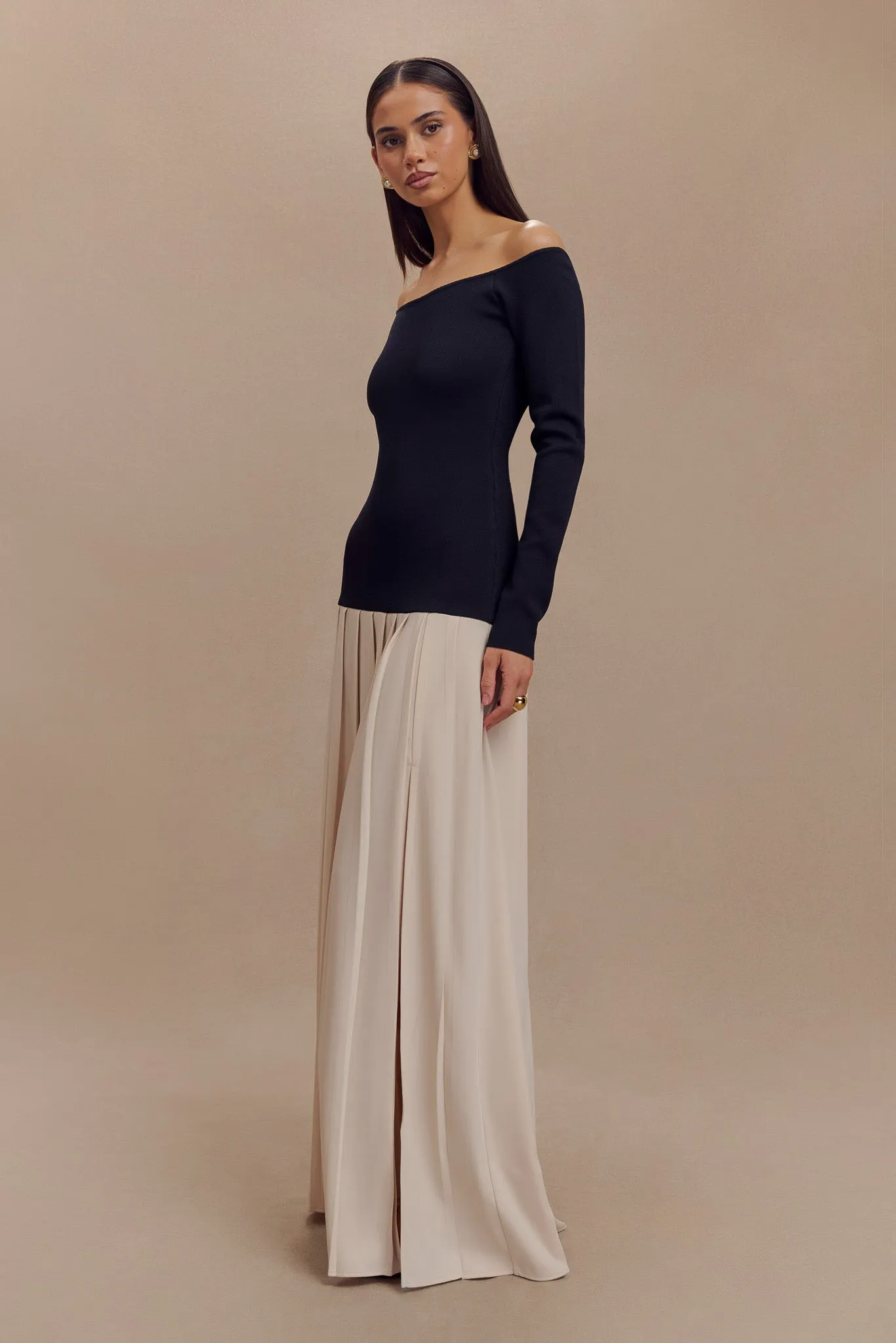 Presley Contrast Knit Off Shoulder Maxi Dress - Navy And Cream