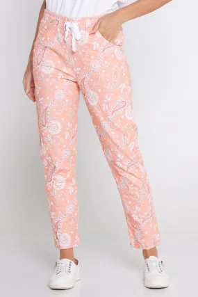 Printed Crushed Drawstring Pants - Peach Paisley