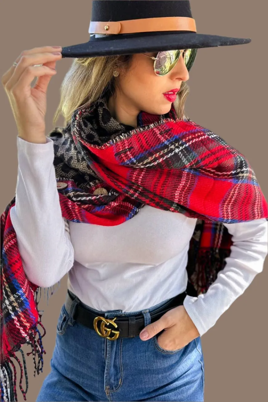 Red Plaid and Leopard Dual-Sided Reversible Poncho