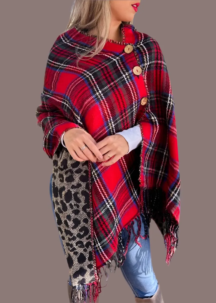 Red Plaid and Leopard Dual-Sided Reversible Poncho