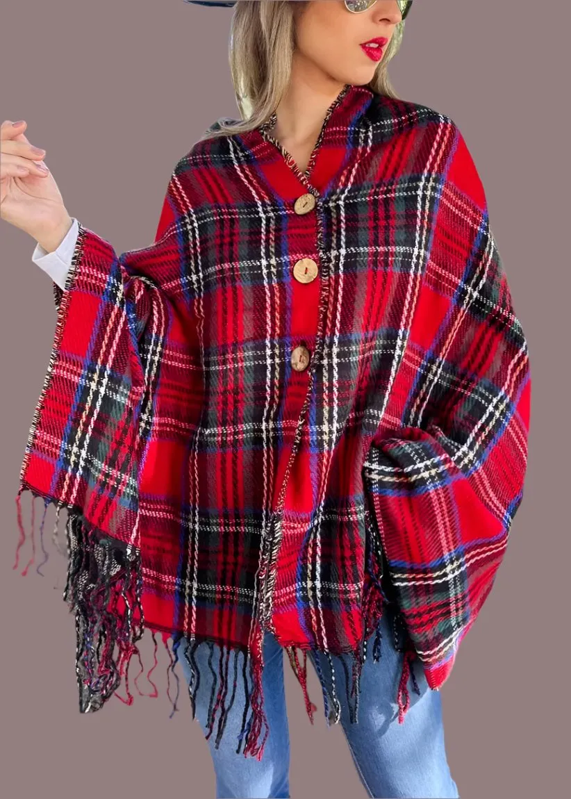 Red Plaid and Leopard Dual-Sided Reversible Poncho