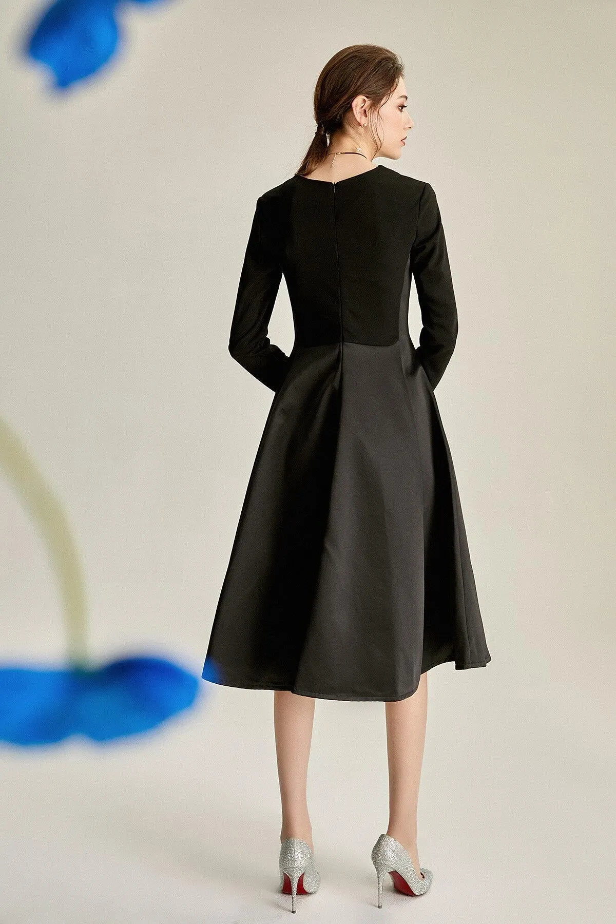 Retro Audrey Hepburn 1950 vintage Satin midi cocktail black dress - Imo