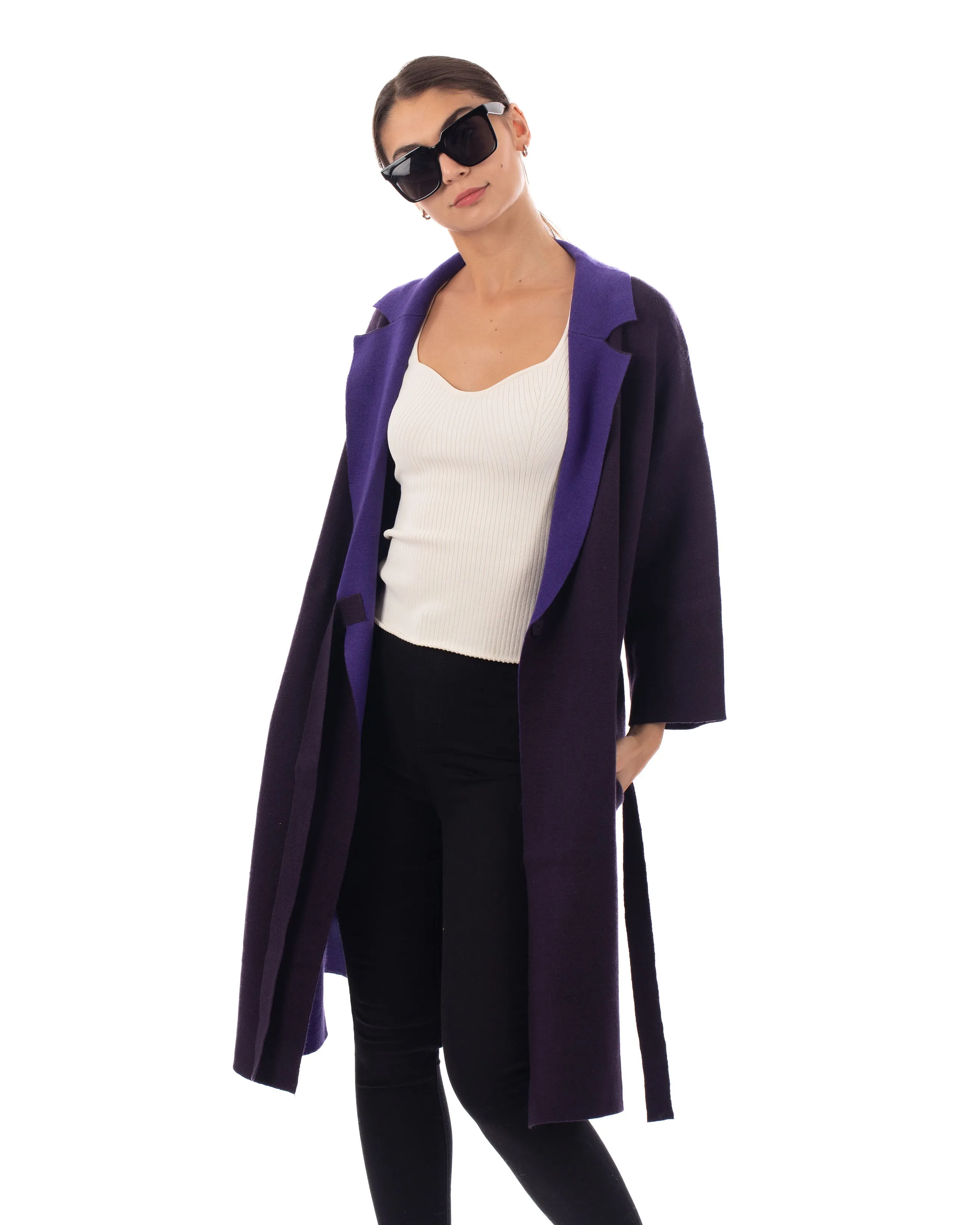 Reversible wool blend cardigan coat  (PURPLE)