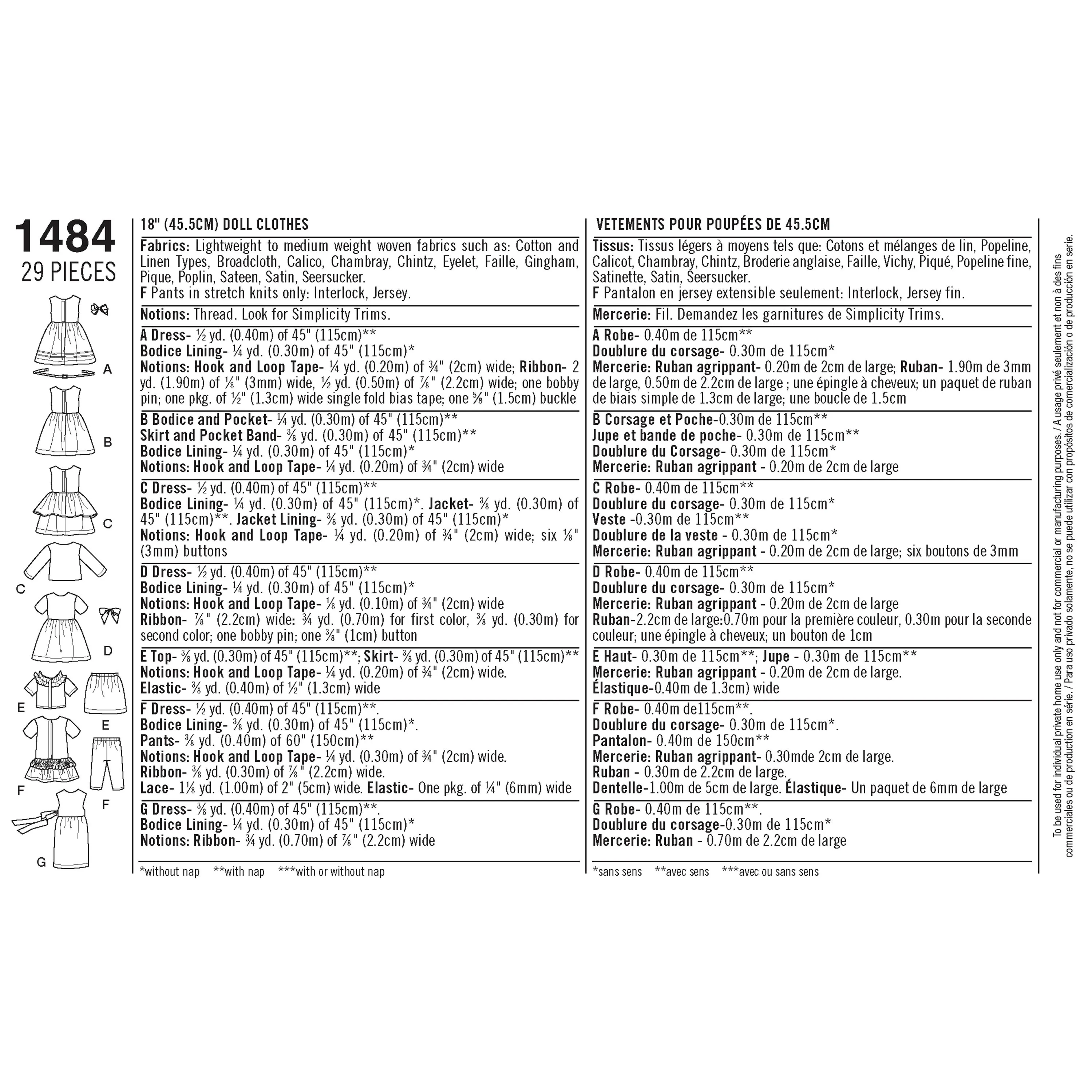 Simplicity Pattern 1484 OS 18" Doll Clothes